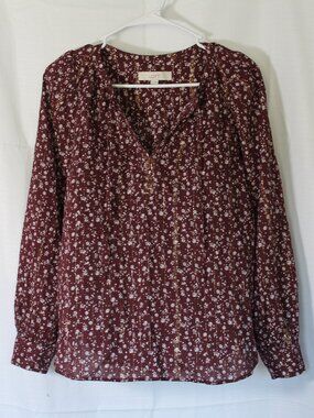 LOFT Burgundy Floral Long Sleeve Blouse with Gold Metallic Shimmer